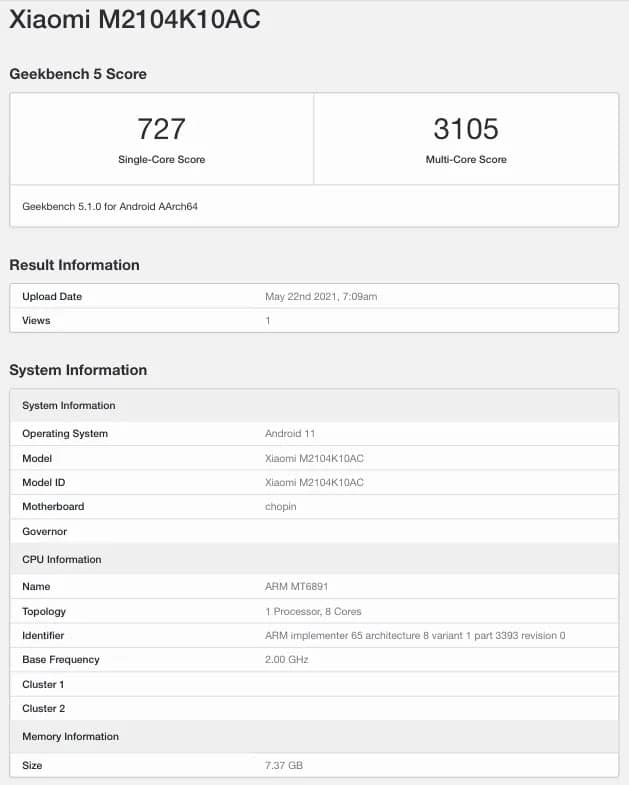 搭载联发科技Dimensity  1100 SoC的可能Redmi  K40 Light豪华版将在发布前在Geekbench上亮相