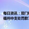 每日资讯：厦门银行因涉及23项违法违规行为，被人民银行福州中支处罚款764.6万元